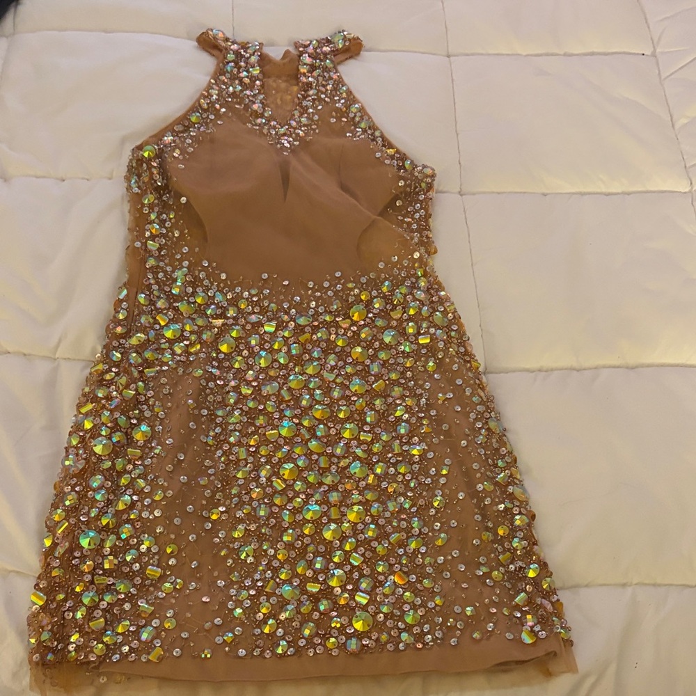Embellished Nude Beaded Mini Dress